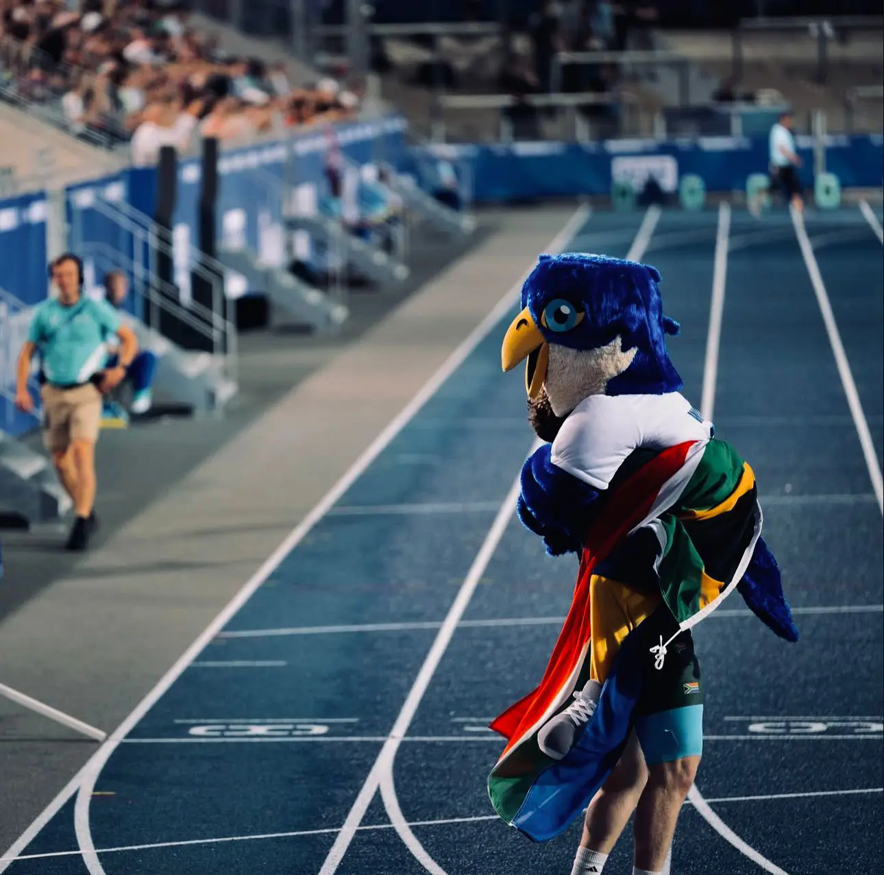 Aiden Smith is celebrating with the mascot after winning a gold medal in shot put at the 2025 Rhine-Ruhr FISU World University Games in Germany. Picture: Supplied. Aiden Smith is celebrating with the mascot after winning a gold medal in shot put at the 2025 Rhine-Ruhr FISU World University Games in Germany. Picture: Supplied.