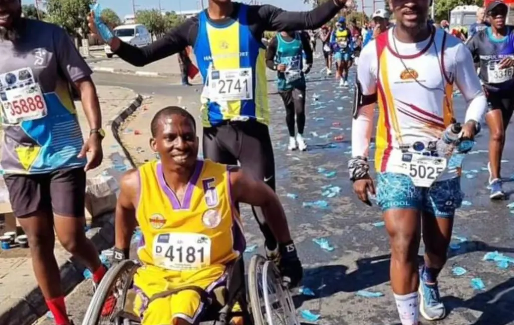 Vostile Ruba participated in the Soweto Marathon for GBT Mongoose Wheelchair Basketball Club in his basketball wheelchair. Picture: TshwantshoMedia/Supplied. Vostile Ruba participated in the Soweto Marathon for GBT Mongoose Wheelchair Basketball Club in his basketball wheelchair. Picture: TshwantshoMedia/Supplied.