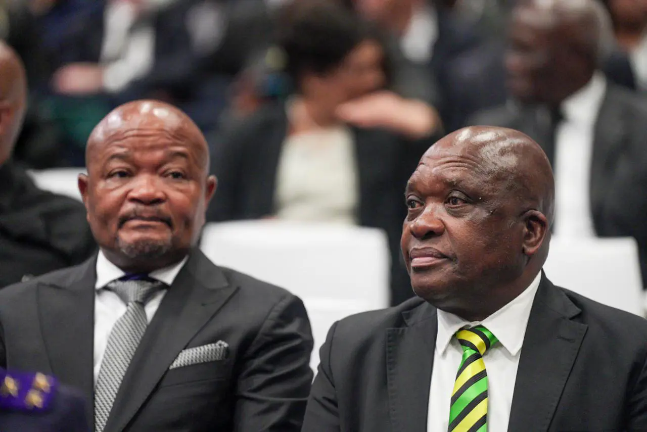 Police Minister Senzo Mchunu (left) and Deputy Health Minister Joe Phaahla (right) await the start of proceedings. Picture: Jacques Nelles/Eyewitness News Police Minister Senzo Mchunu (left) and Deputy Health Minister Joe Phaahla (right) await the start of proceedings. Picture: Jacques Nelles/Eyewitness News