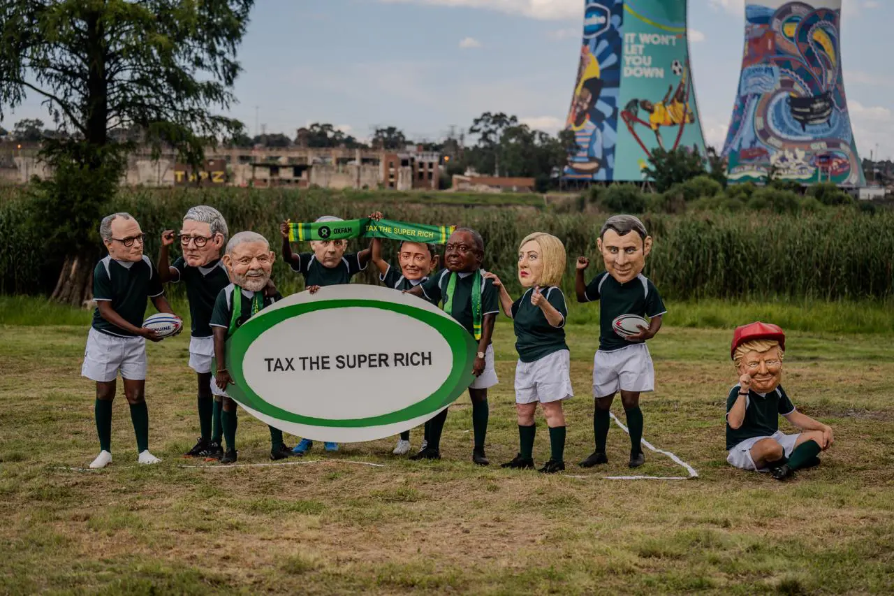 Oxfam's 'Big Heads': Brazilian President Lula da Silva, President Cyril Ramaphosa, French President Emmanuel Macron, Canadian Prime Minister Mark Carney, German Chancellor Friedrich Merz, British Prime Minister Keir Starmer, Italian Prime Minister Giorgia Meloni and Mexican President Claudia Sheinbaum and US President Donald Trump. Photo: Sphamandla Dlamini Oxfam's 'Big Heads': Brazilian President Lula da Silva, President Cyril Ramaphosa, French President Emmanuel Macron, Canadian Prime Minister Mark Carney, German Chancellor Friedrich Merz, British Prime Minister Keir Starmer, Italian Prime Minister Giorgia Meloni and Mexican President Claudia Sheinbaum and US President Donald Trump. Photo: Sphamandla Dlamini