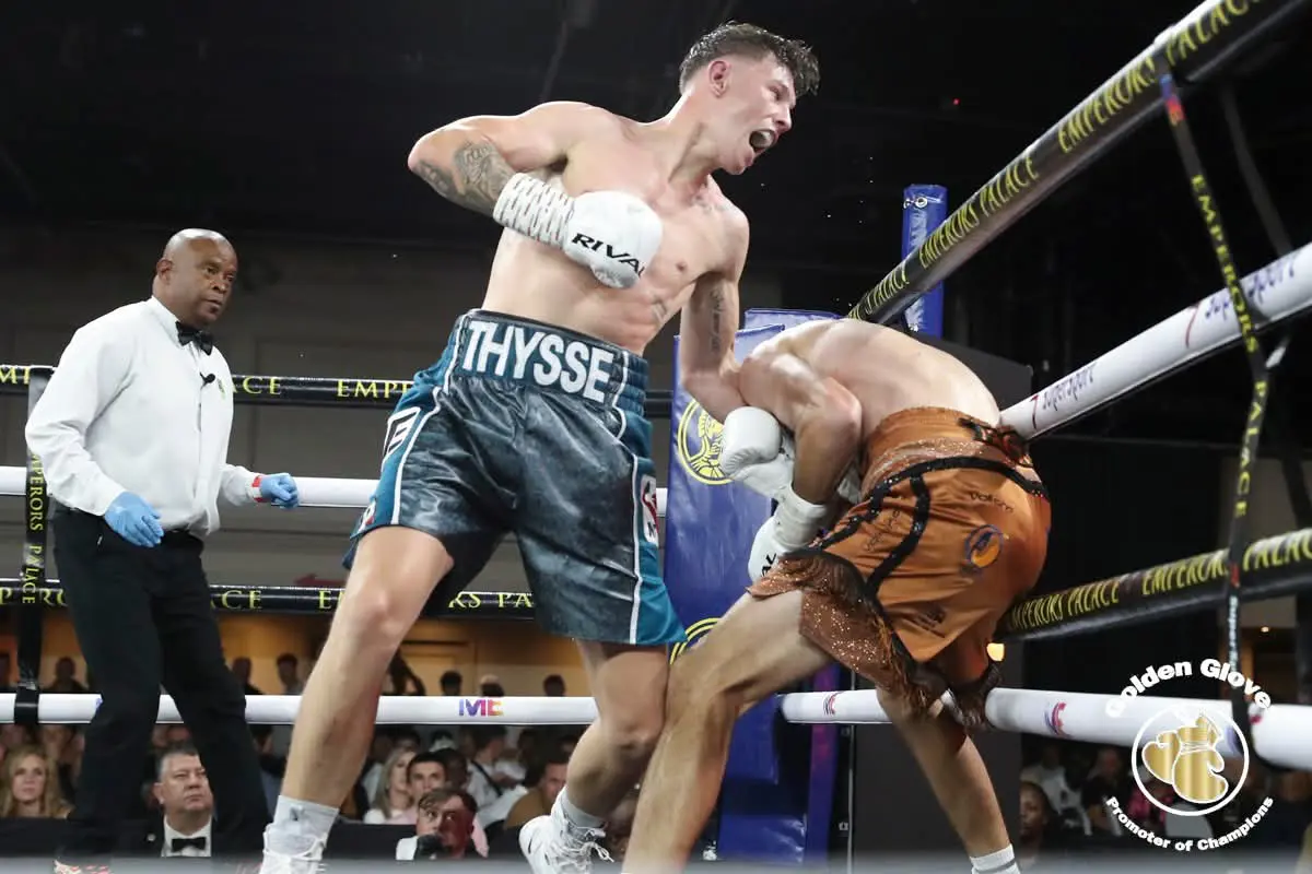 South African Light Heavyweight Champion Bryan 'BBK' Thysse celebrates after defending his title in a 12-round battle with his cousin, Gerhard Thysse. Picture: Supplied South African Light Heavyweight Champion Bryan 'BBK' Thysse celebrates after defending his title in a 12-round battle with his cousin, Gerhard Thysse. Picture: Supplied
