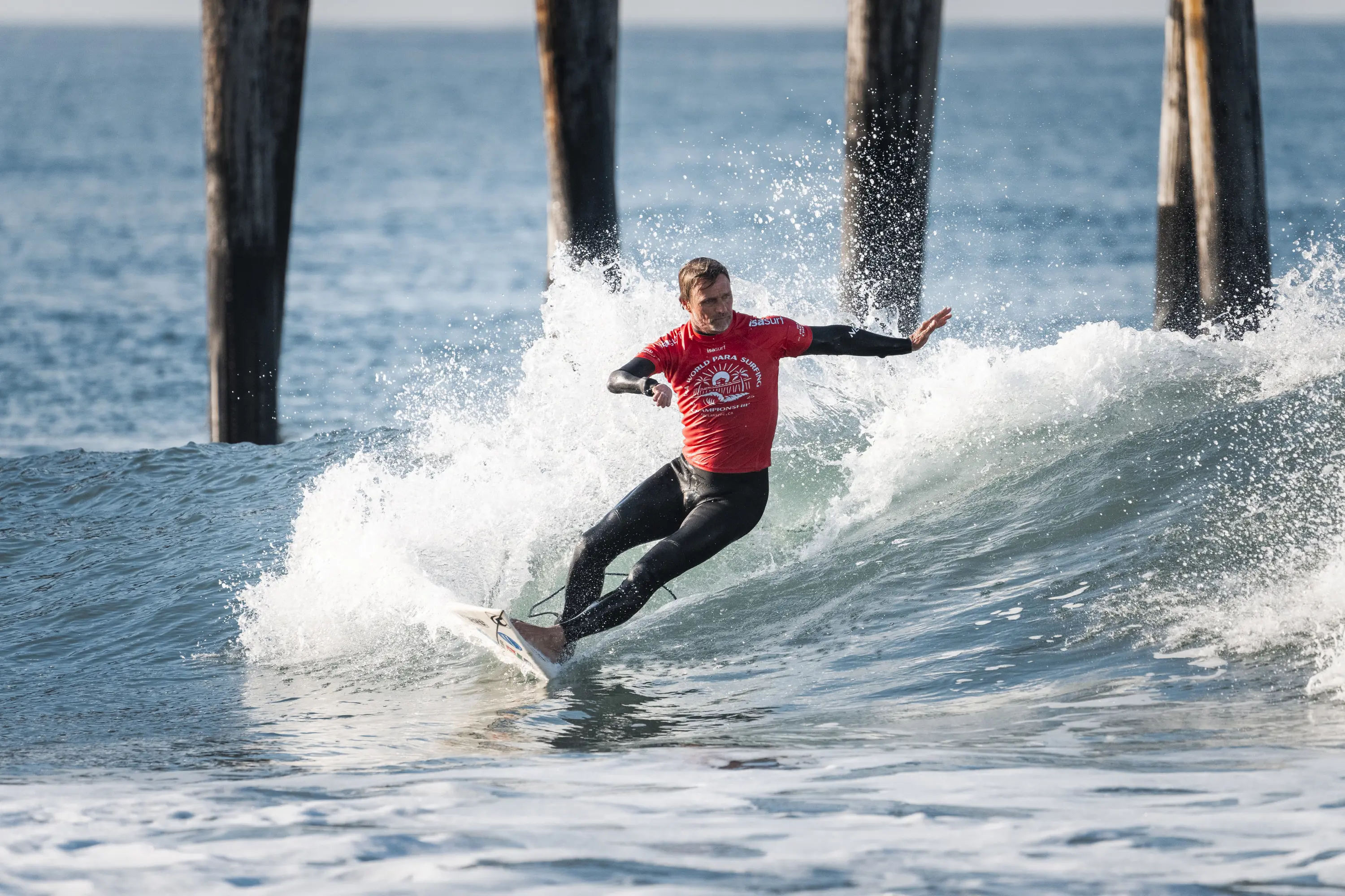 Ant Smyth, competing in the men’s stand 1 division at the 2025 ISA World Para Surfing Championships. Picture: Sean Evans. Ant Smyth, competing in the men’s stand 1 division at the 2025 ISA World Para Surfing Championships. Picture: Sean Evans.