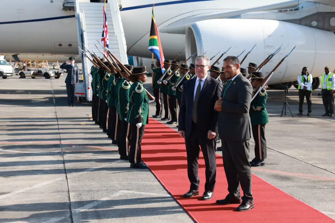 His Excellency Mr. Keir Starmer, Prime Minister of the United Kingdom, lands at OR Tambo International Airport, South Africa. He is received by Deputy Minister of International Relations and Cooperation, Mr. Alvin Botes, as South Africa hosts leaders for the G20 Summit. Picture: GCIS His Excellency Mr. Keir Starmer, Prime Minister of the United Kingdom, lands at OR Tambo International Airport, South Africa. He is received by Deputy Minister of International Relations and Cooperation, Mr. Alvin Botes, as South Africa hosts leaders for the G20 Summit. Picture: GCIS