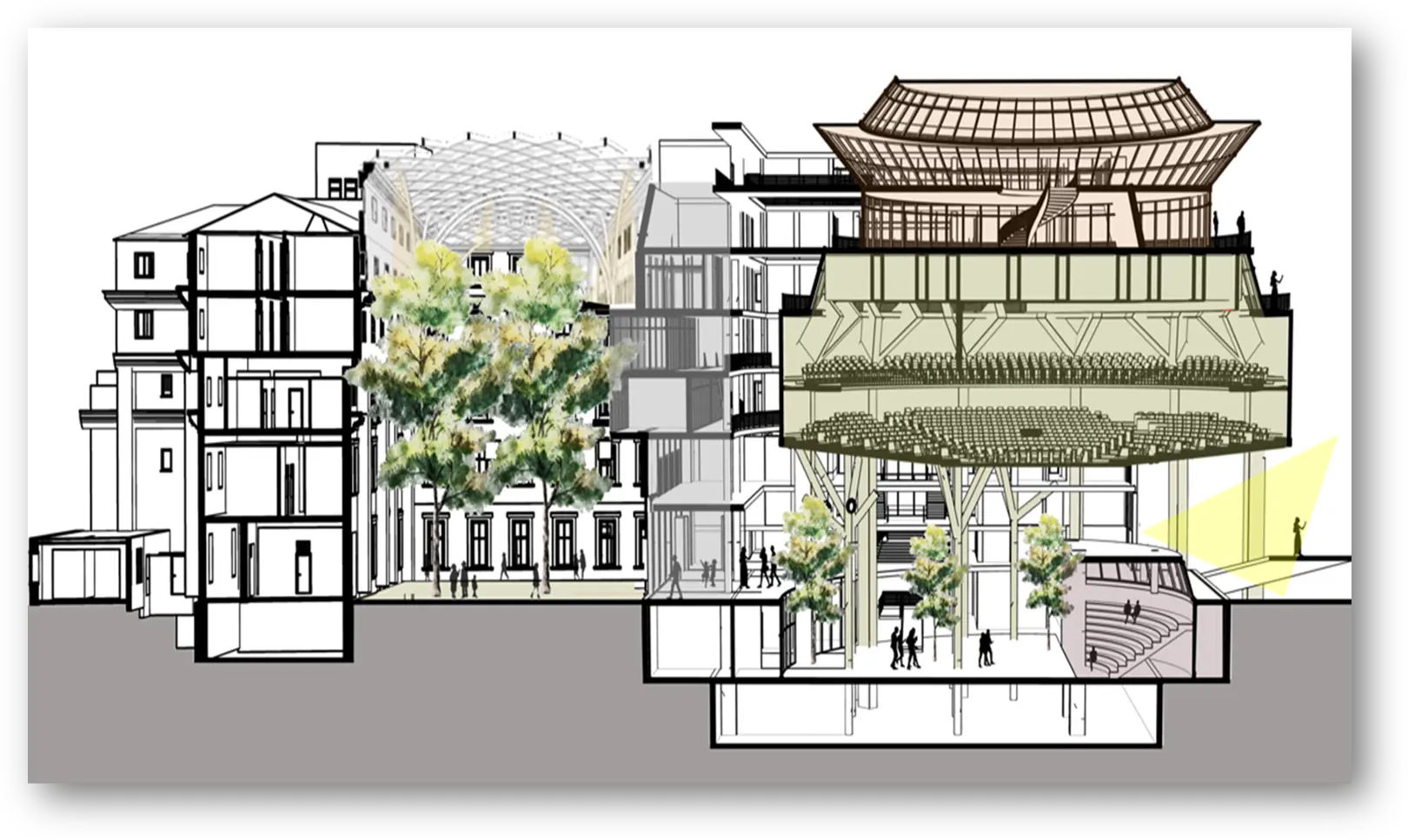 A design sketch of the exerior of the National Assembly, with the chamber acting as a canopy for yellowwood trees. Picture: Supplied/Parliament A design sketch of the exerior of the National Assembly, with the chamber acting as a canopy for yellowwood trees. Picture: Supplied/Parliament