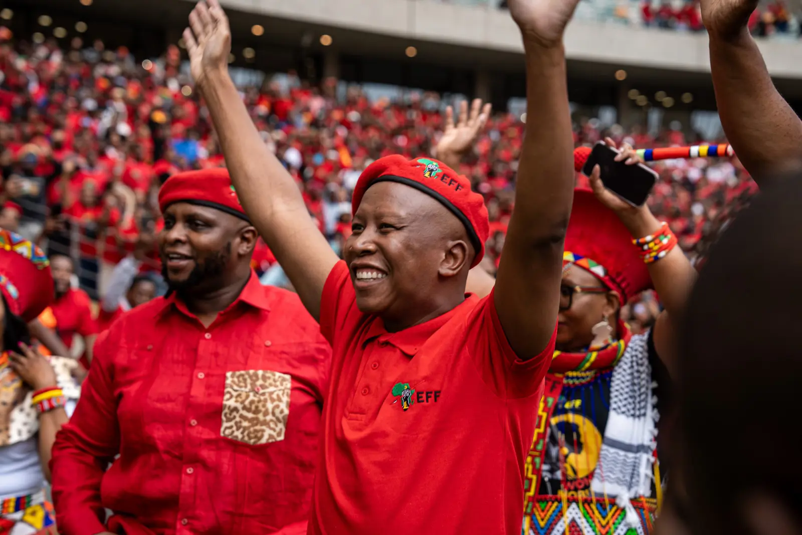 Julius Malema and Floyd Shivambu at the Economic Freedom Fighters (EFF) manifesto launch at the at the Moses Mabhida Stadium in Durban on Saturday, 10 February 2024. Picture: Xanderleigh Dookey Makhaza/Eyewitness News Julius Malema and Floyd Shivambu at the Economic Freedom Fighters (EFF) manifesto launch at the at the Moses Mabhida Stadium in Durban on Saturday, 10 February 2024. Picture: Xanderleigh Dookey Makhaza/Eyewitness News