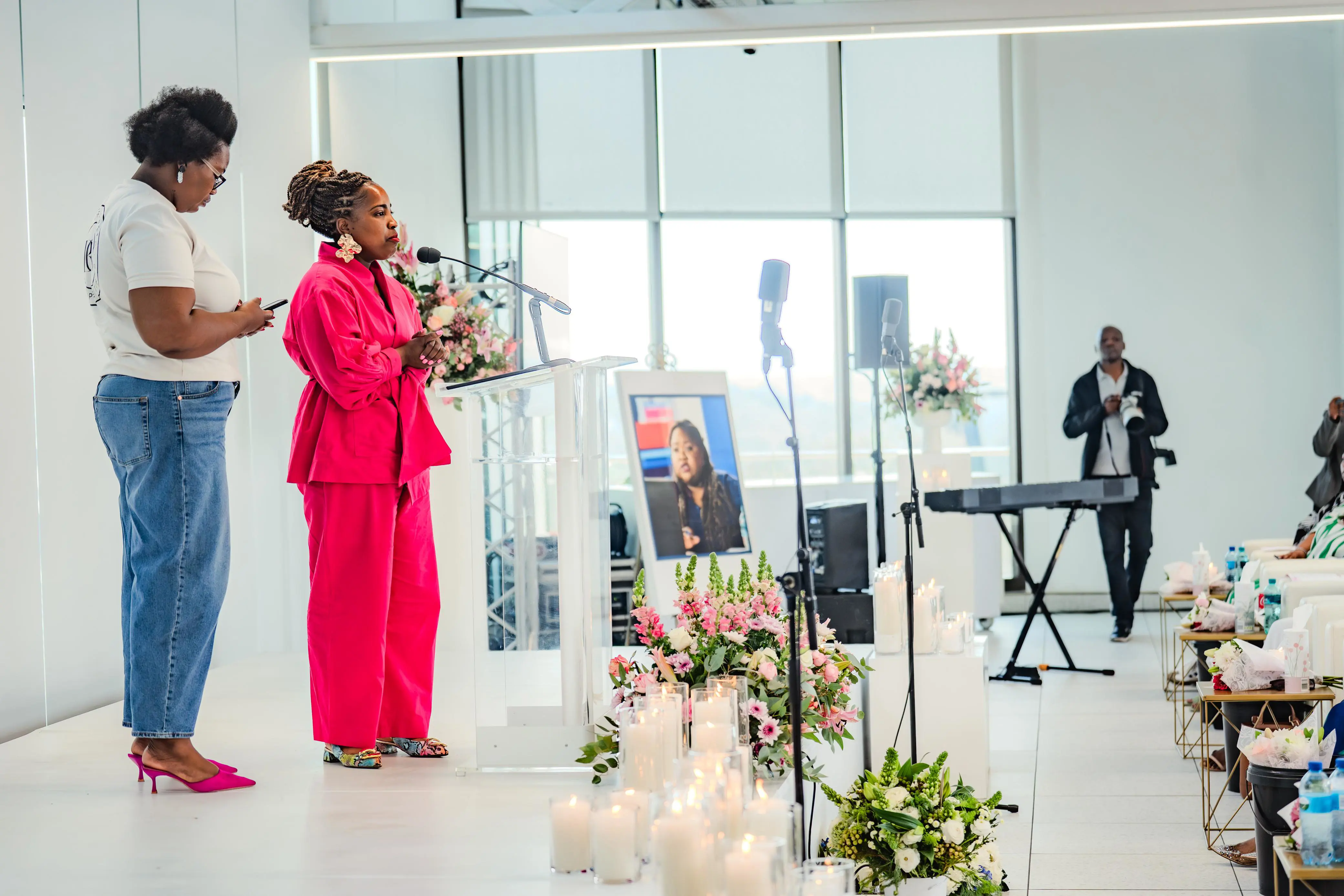 Family members Molema Mampa (left) and Reabetjoe Mokoko (right) honoured Tshidi Madia at her memorial service at Primedia's headquarters in Sandton, Johannesburg on 2 September. Picture: Sphamandla Dlamini & Katlego Jiyane/EWN Family members Molema Mampa (left) and Reabetjoe Mokoko (right) honoured Tshidi Madia at her memorial service at Primedia's headquarters in Sandton, Johannesburg on 2 September. Picture: Sphamandla Dlamini & Katlego Jiyane/EWN