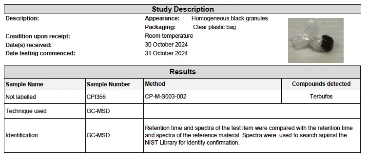 The results show that the black granular substance we sent for testing is positive for terbufos. Picture: Supplied The results show that the black granular substance we sent for testing is positive for terbufos. Picture: Supplied