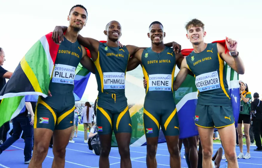The South African Men's 4x400m team from left Lythe Pillay, Mthi Mthimkulu, Zakithi Nene and Leendert Koekemoer. Picture: @WorldAthletics/ X The South African Men's 4x400m team from left Lythe Pillay, Mthi Mthimkulu, Zakithi Nene and Leendert Koekemoer. Picture: @WorldAthletics/ X