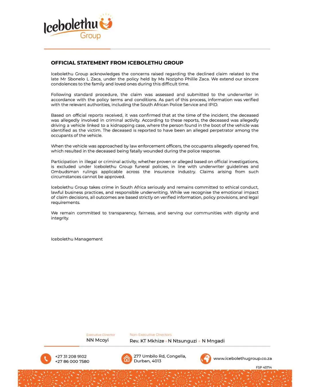 Icebolethu Group statement on denied claim for Sbonelo Zaca who was killed by kzn police during a shootout. Picture: Icebolethu group/X Icebolethu Group statement on denied claim for Sbonelo Zaca who was killed by kzn police during a shootout. Picture: Icebolethu group/X