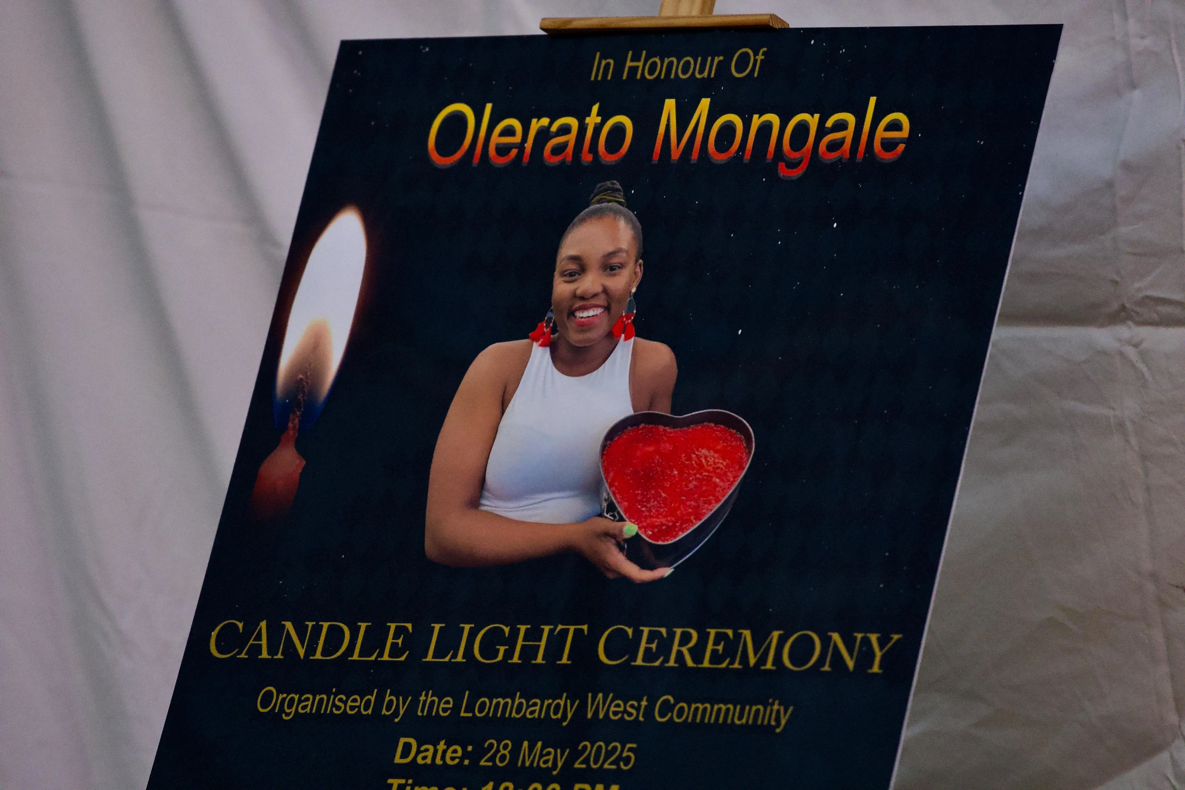 A candlelight service was held in Lombardy West on Wednesday evening, where the body of young journalist, Olorato Mongale, was found dumped on Sunday. Photo: Katlego Jiyane A candlelight service was held in Lombardy West on Wednesday evening, where the body of young journalist, Olorato Mongale, was found dumped on Sunday. Photo: Katlego Jiyane
