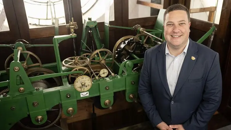 Cape Town Mayor Geording Hill-Lewis with the City Hall clock mechanism, City of Cape Town Cape Town Mayor Geording Hill-Lewis with the City Hall clock mechanism, City of Cape Town