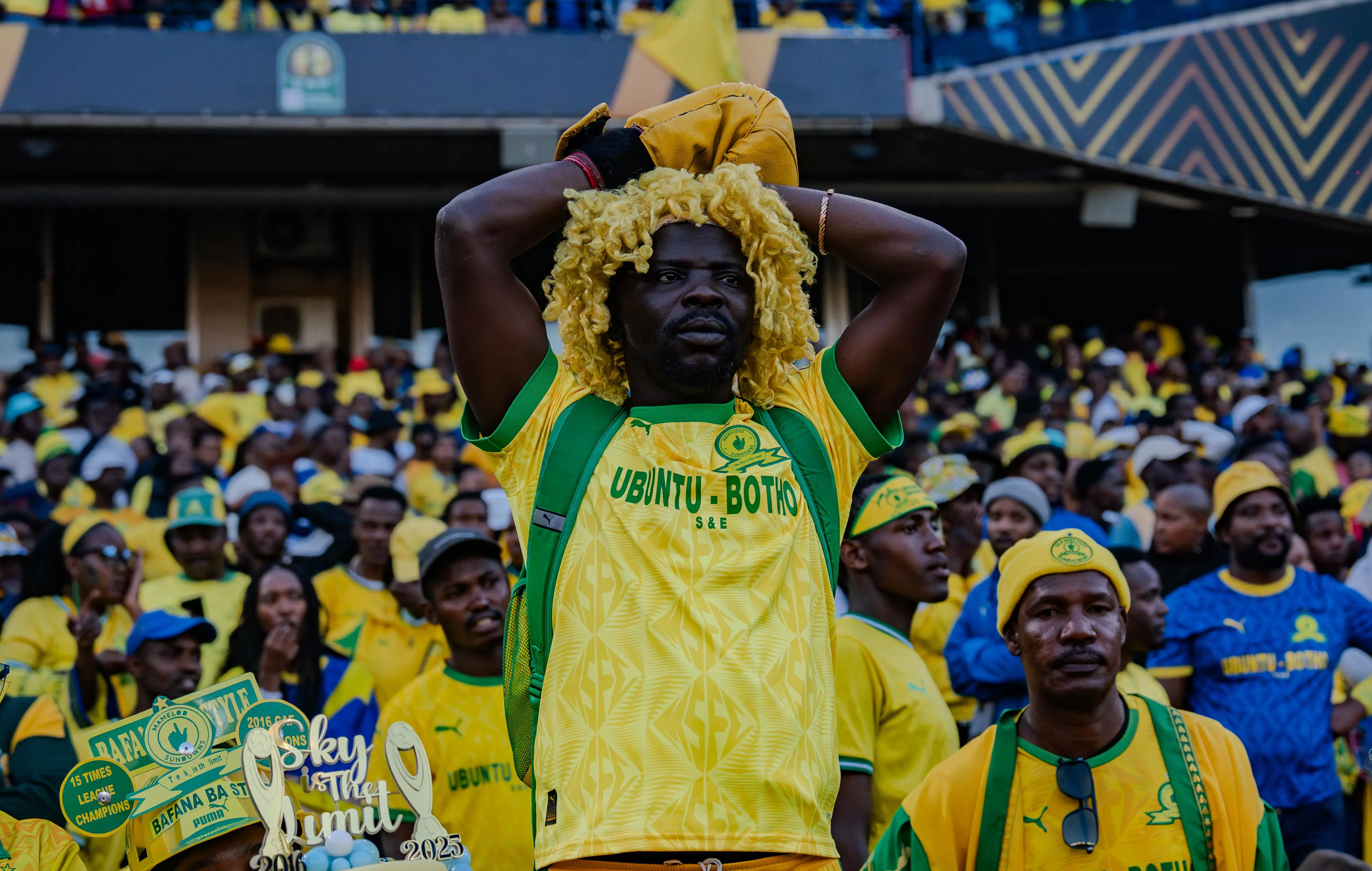 Mamelodi Sundowns fans at the first leg of the CAF Champions League final at Loftus Versfeld on Saturday, 24 May 2025.Picture: Sphamandla Dlamini/EWN. Mamelodi Sundowns fans at the first leg of the CAF Champions League final at Loftus Versfeld on Saturday, 24 May 2025.Picture: Sphamandla Dlamini/EWN.