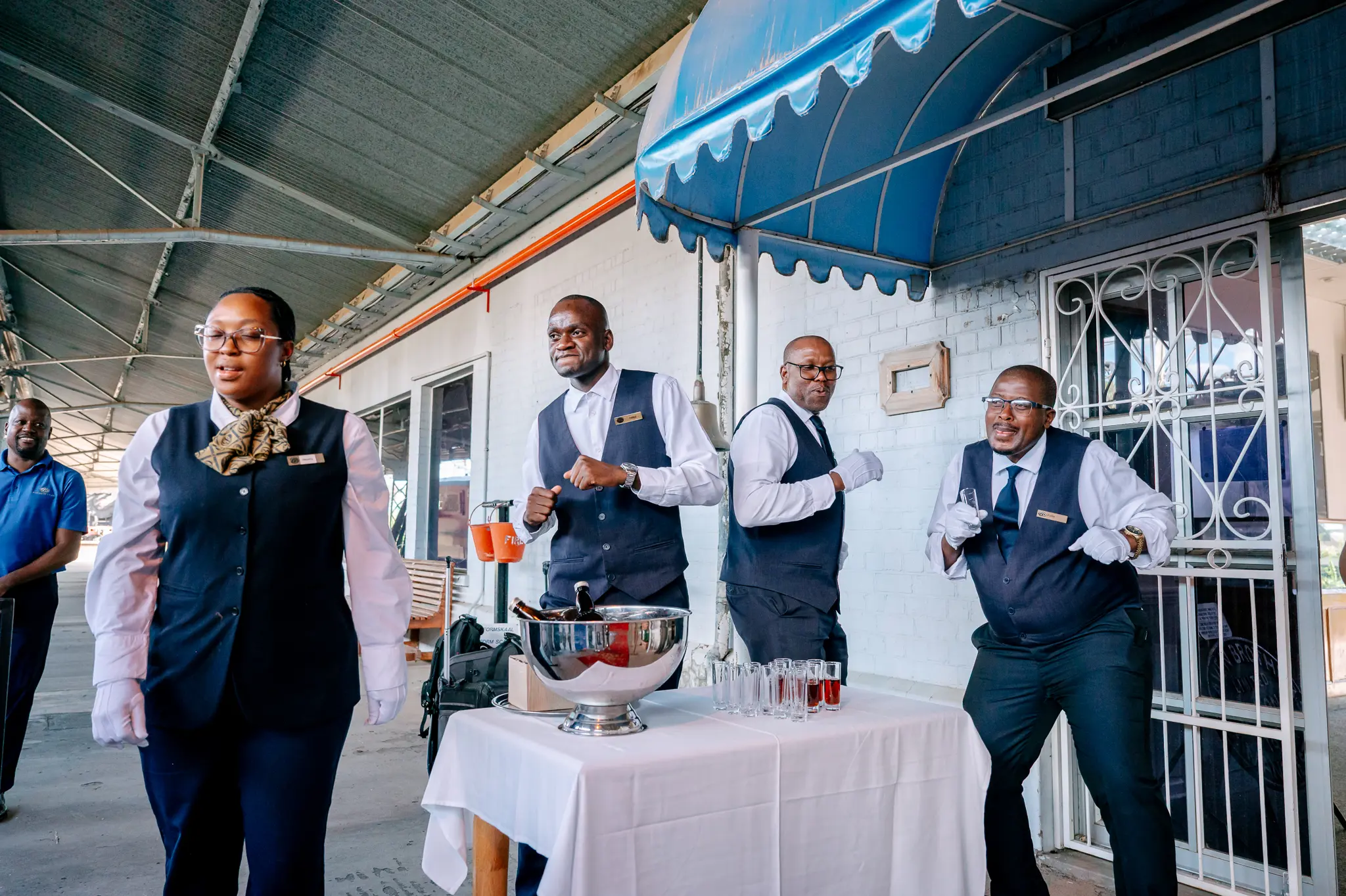 Some of the staff members for the Blue Train at the Kimberley train station, welcoming the guests back from the tour. Picture: MasterPic Visuals Some of the staff members for the Blue Train at the Kimberley train station, welcoming the guests back from the tour. Picture: MasterPic Visuals