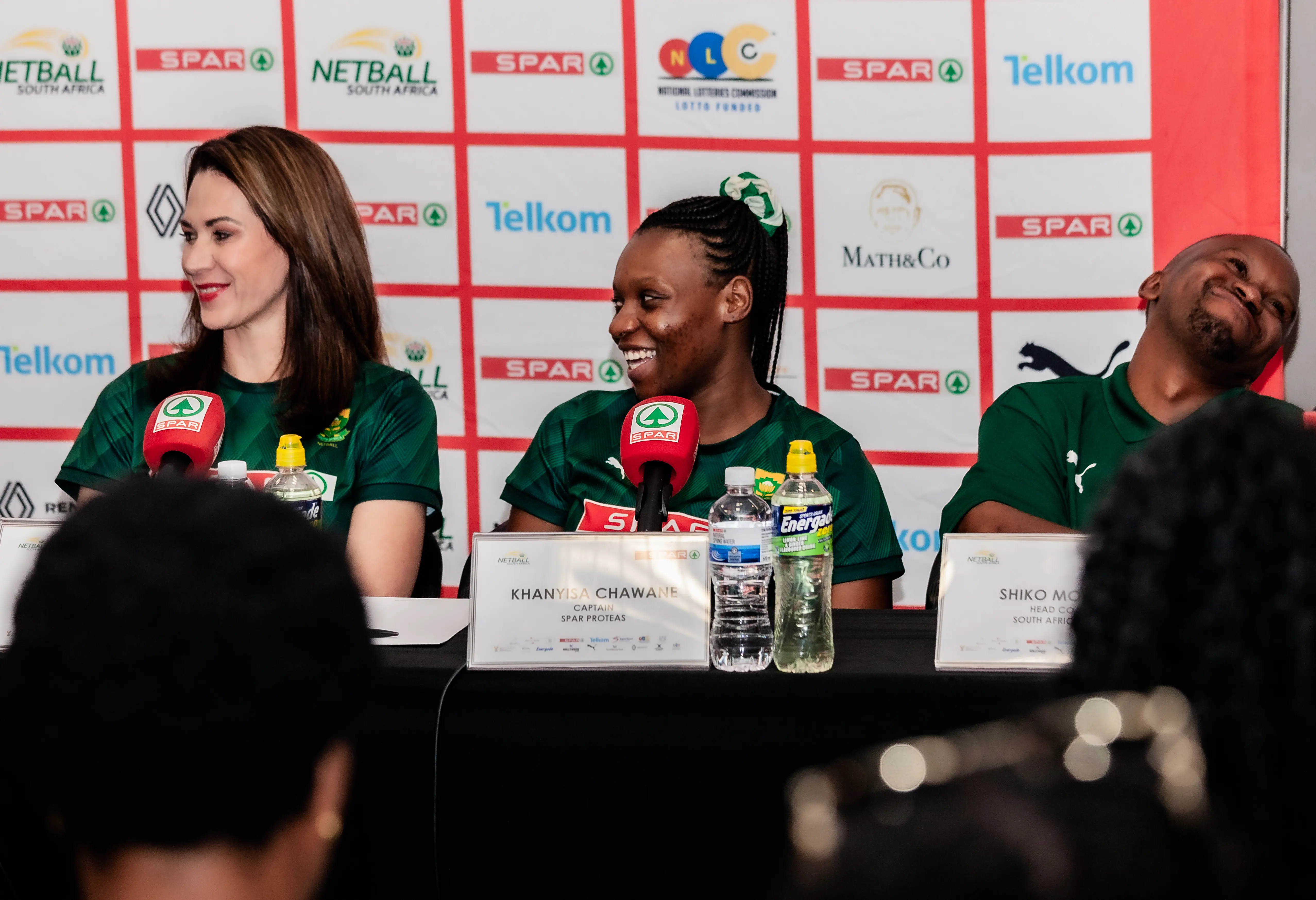 SPAR Proteas coach Jenny van Dyk, SPAR Proteas captain Khanyisa Chawane and South Africa Men’s National Netball team Shiko Mokaila. Picture: Netball SA. SPAR Proteas coach Jenny van Dyk, SPAR Proteas captain Khanyisa Chawane and South Africa Men’s National Netball team Shiko Mokaila. Picture: Netball SA.