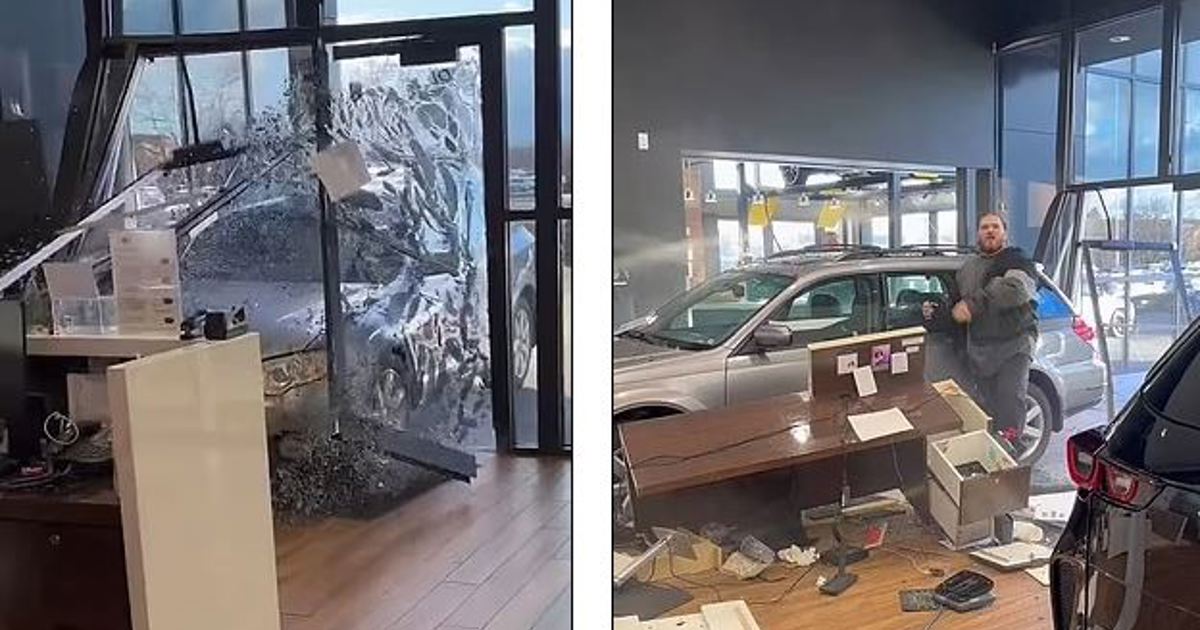 Angry customer crashes car through dealership doors hours after buying ...
