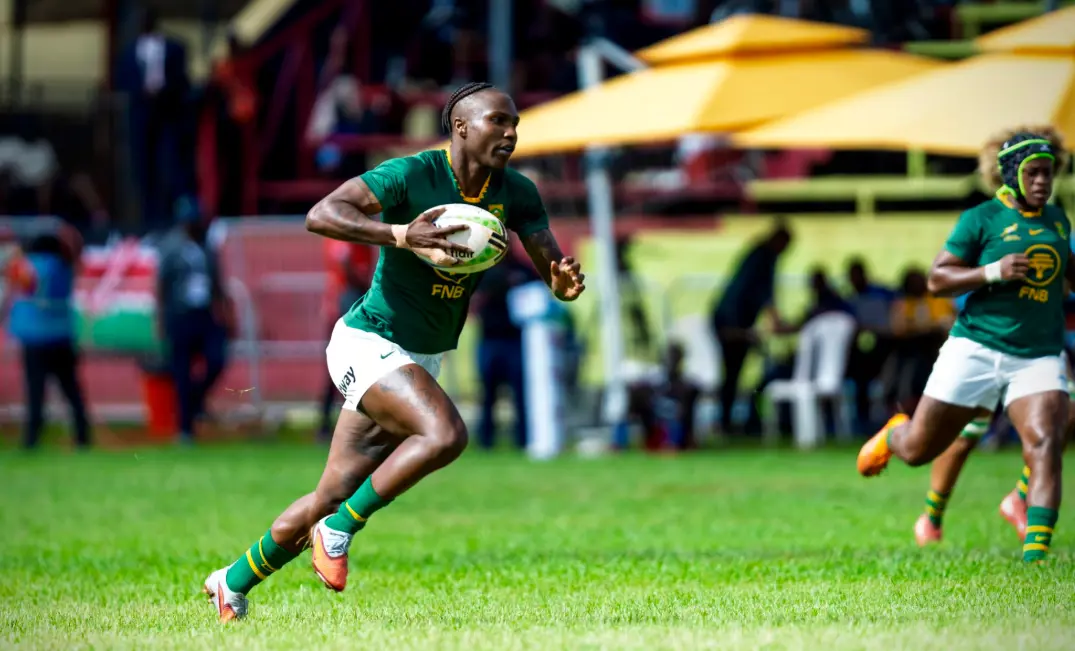 The Springbok Women’s Sevens beat Kenya in the Rugby Africa Women’s Sevens Cup final in Nairobi to be crowned champions. Picture: @WomenBoks/X. The Springbok Women’s Sevens beat Kenya in the Rugby Africa Women’s Sevens Cup final in Nairobi to be crowned champions. Picture: @WomenBoks/X.
