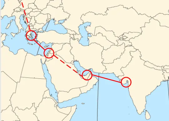 Schematic route of the India-Middle East-Europe Economic Corridor (IMEC). Wikimedia Commons/Robyvd Schematic route of the India-Middle East-Europe Economic Corridor (IMEC). Wikimedia Commons/Robyvd