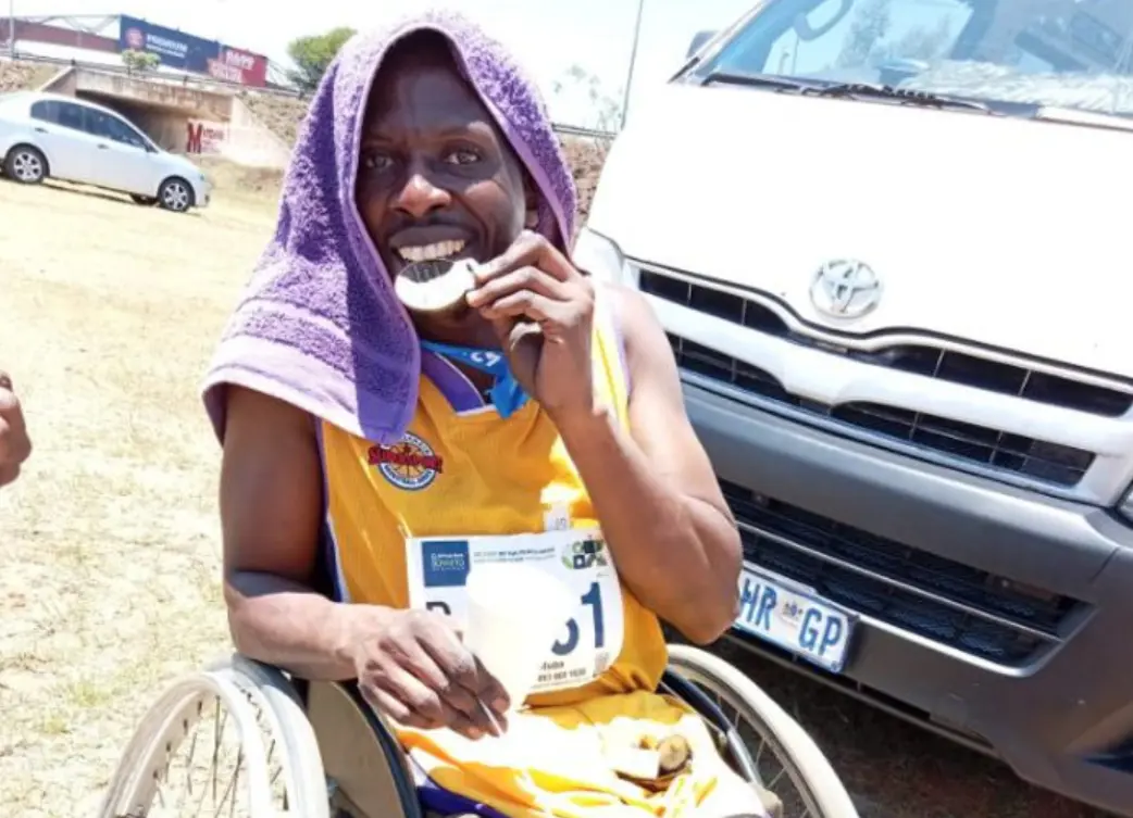 Vostile Ruba completed the Soweto Marathon for GBT Mongoose Wheelchair Basketball Club in his basketball wheelchair. Picture: TshwantshoMedia/Supplied. Vostile Ruba completed the Soweto Marathon for GBT Mongoose Wheelchair Basketball Club in his basketball wheelchair. Picture: TshwantshoMedia/Supplied.