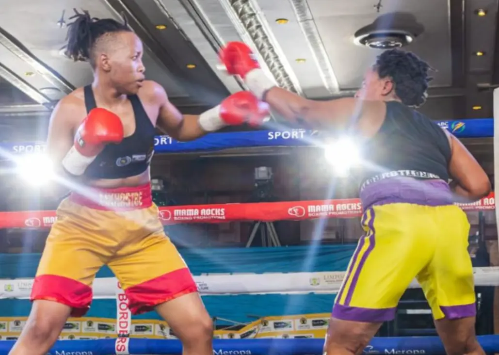 KwaZulu-Natal boxer Noxolo “Bumblebee” Mkhasibe (mustard and red shorts) in a during a fight. Picture: Supplied. KwaZulu-Natal boxer Noxolo “Bumblebee” Mkhasibe (mustard and red shorts) in a during a fight. Picture: Supplied.
