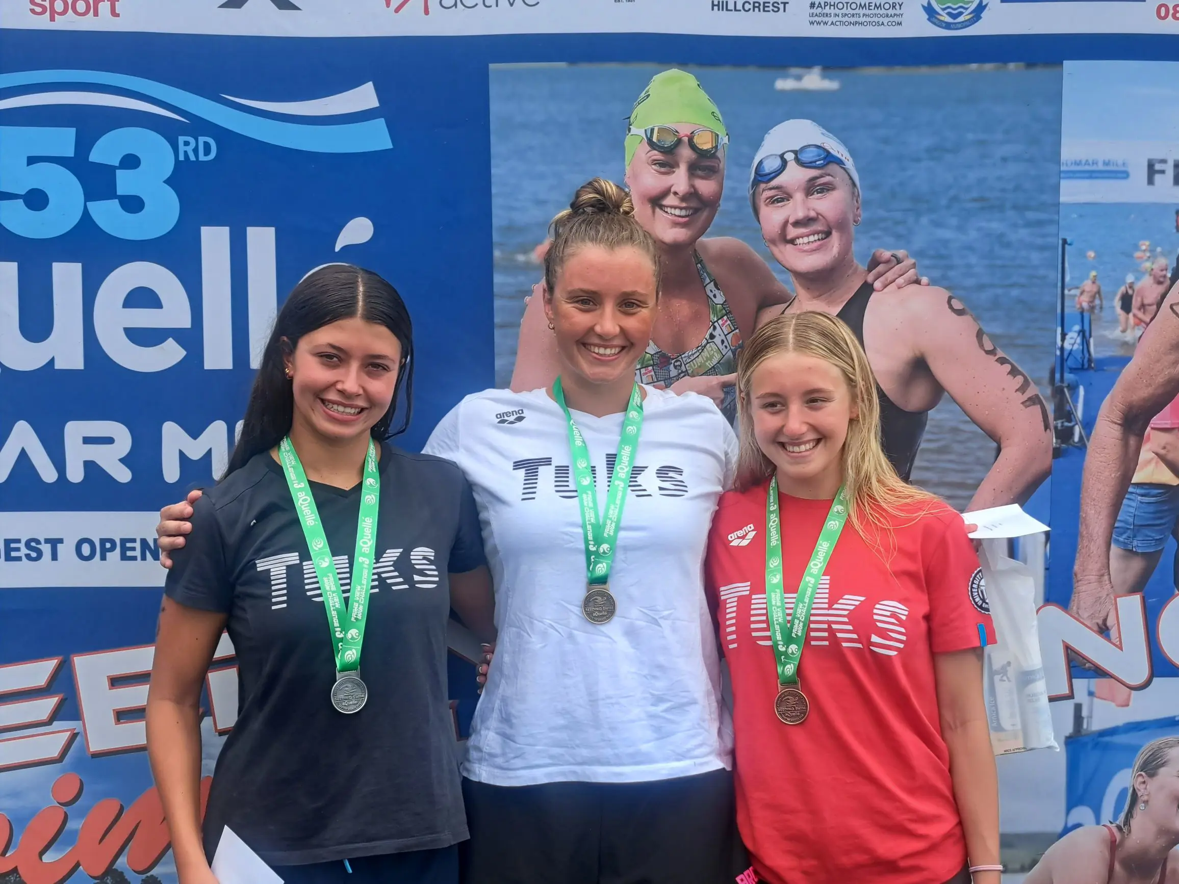 Kirsty Andraos, Carli Antonopoulos and Loghan Gray, Sunday 18 January 2025, at the aQuellé Midmar Mile seeding swim. Picture: Supplied. Kirsty Andraos, Carli Antonopoulos and Loghan Gray, Sunday 18 January 2025, at the aQuellé Midmar Mile seeding swim. Picture: Supplied.