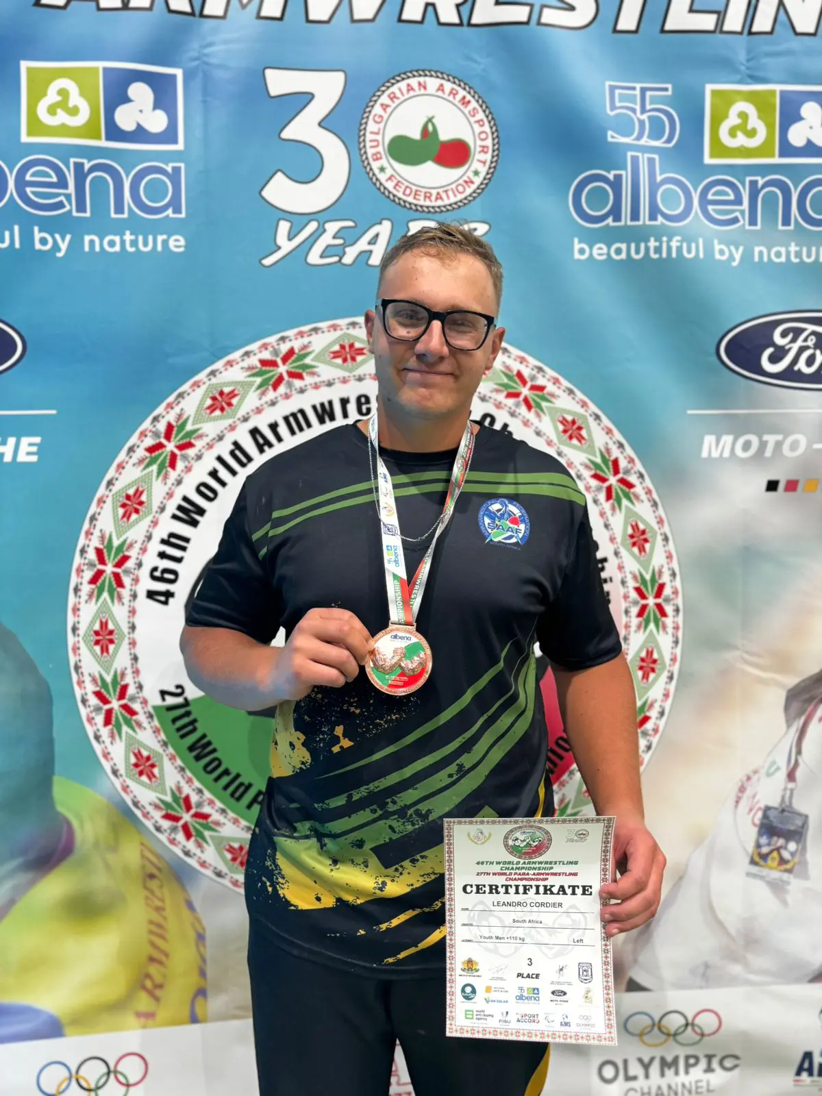 South African armwrestler Leandro Cordier won a bronze medal at the 2025 XLVI World Armwrestling Championships. Picture: Supplied South African armwrestler Leandro Cordier won a bronze medal at the 2025 XLVI World Armwrestling Championships. Picture: Supplied