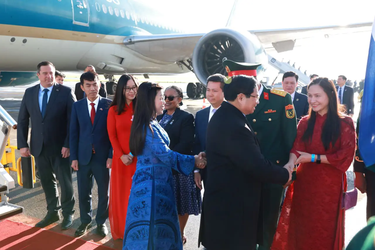 Pham Minh Chính, Prime Minister of Vietnam, accompanied by his spouse, arrives at OR Tambo International Airport, South Africa. He is received by Minister of Agriculture, John Steenhuisen, ahead of Vietnam’s participation in strategic G20 engagements. Picture: GCIS Pham Minh Chính, Prime Minister of Vietnam, accompanied by his spouse, arrives at OR Tambo International Airport, South Africa. He is received by Minister of Agriculture, John Steenhuisen, ahead of Vietnam’s participation in strategic G20 engagements. Picture: GCIS