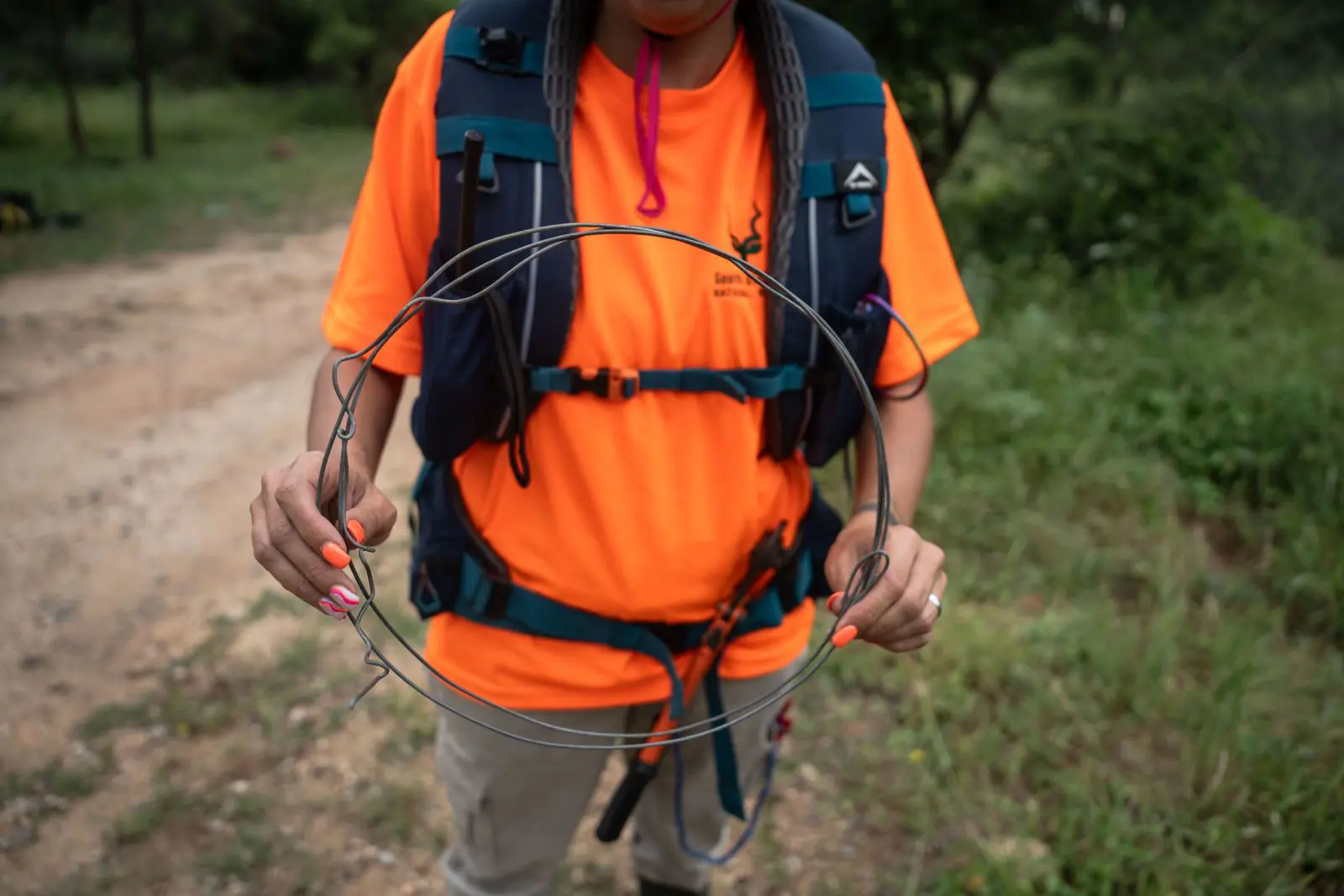 An honourary ranger holds up a snare found in the Kruger National Park, 19 February 2025. Picture: Jacques Nelles/EWN An honourary ranger holds up a snare found in the Kruger National Park, 19 February 2025. Picture: Jacques Nelles/EWN