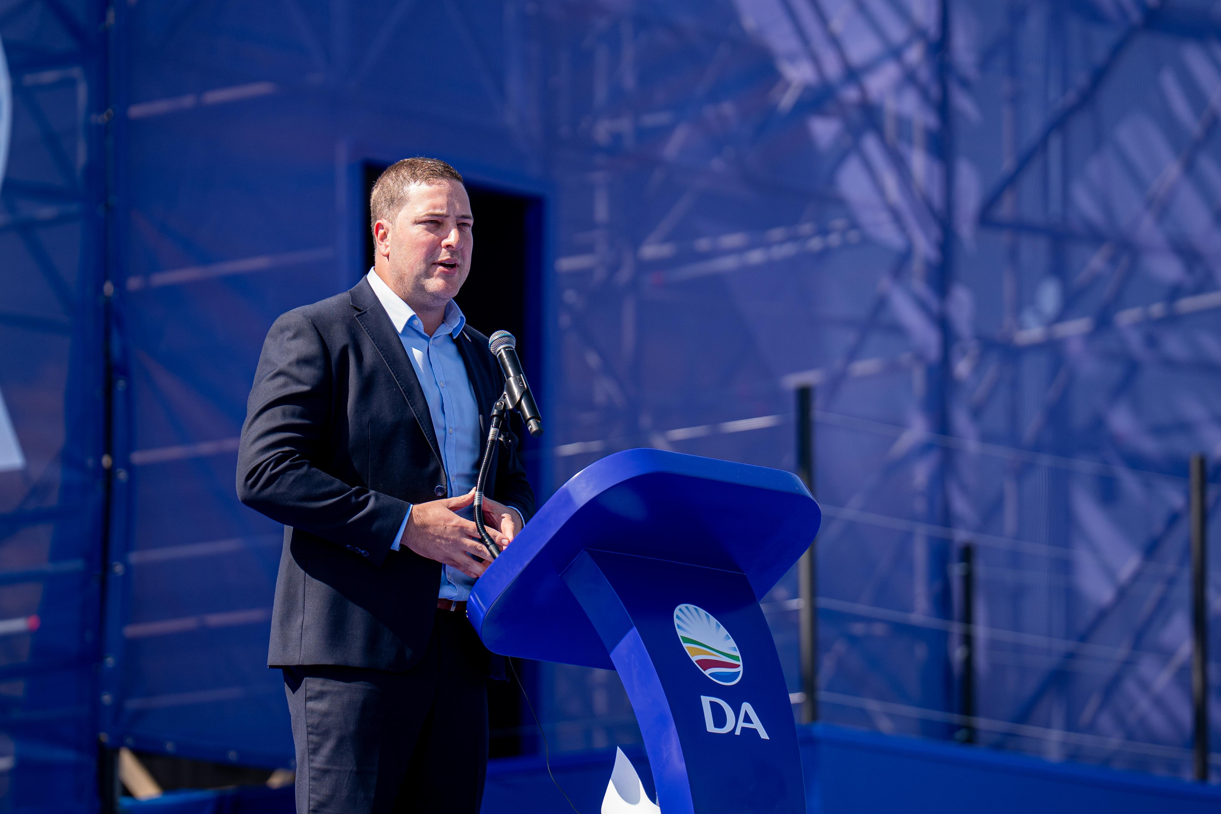 DA leader Gerdin Hill-Lewis at the party’s election manifesto launch at Mary Fitzgerald Square in Johannesburg on 8 August 2026. Picture: Katlego Jiyane/EWN