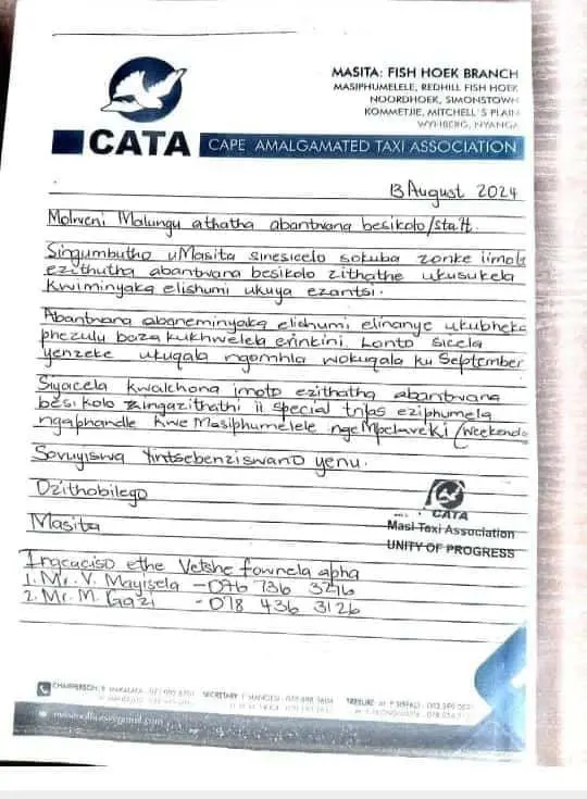 This is the letter that is being circulated. It is written in isiXhoa. Below is a translation. Picture: GroundUp This is the letter that is being circulated. It is written in isiXhoa. Below is a translation. Picture: GroundUp