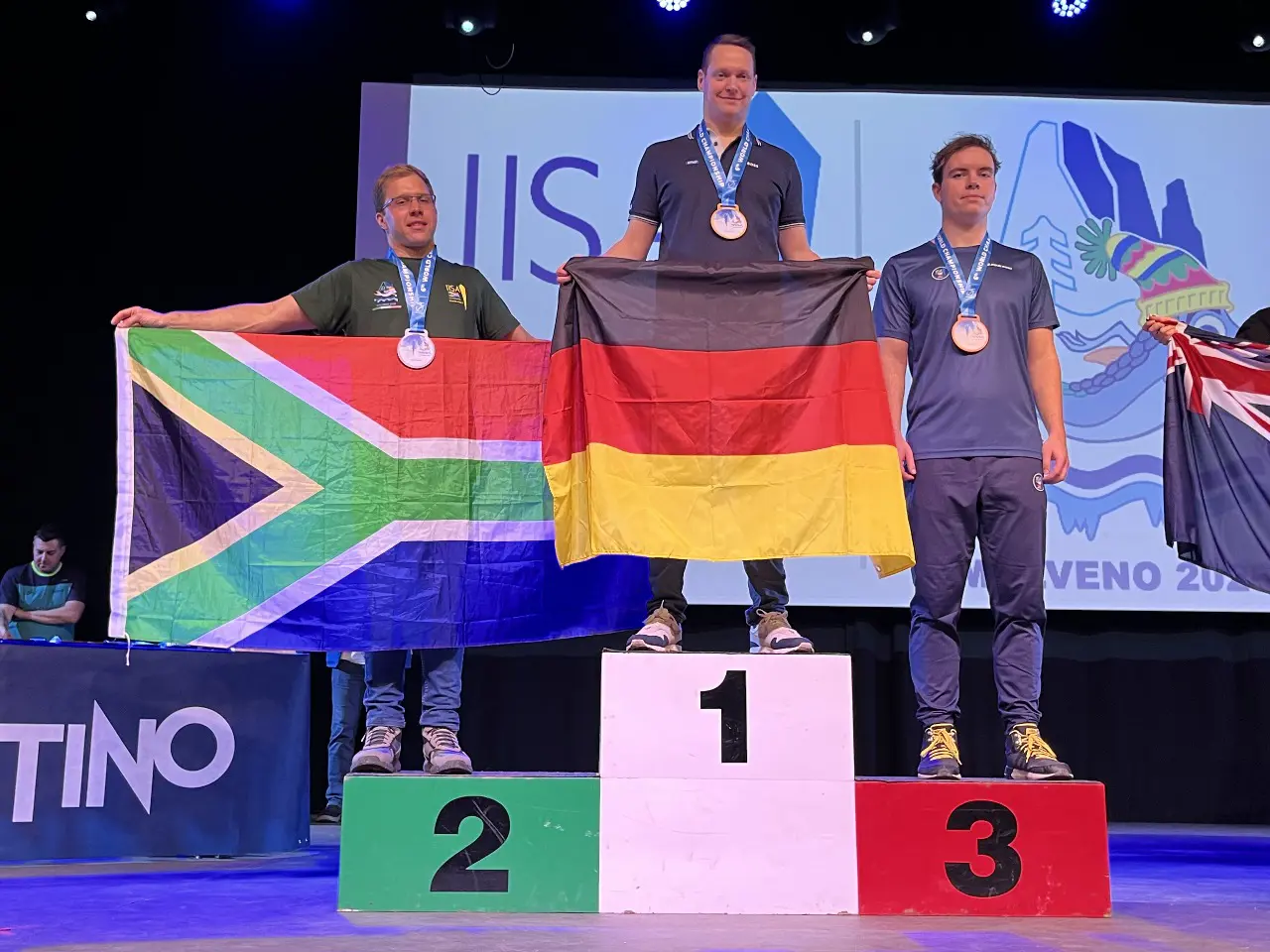 South African ice swimmer, Reino von Wielligh on the podium. Picture: Supplied. South African ice swimmer, Reino von Wielligh on the podium. Picture: Supplied.