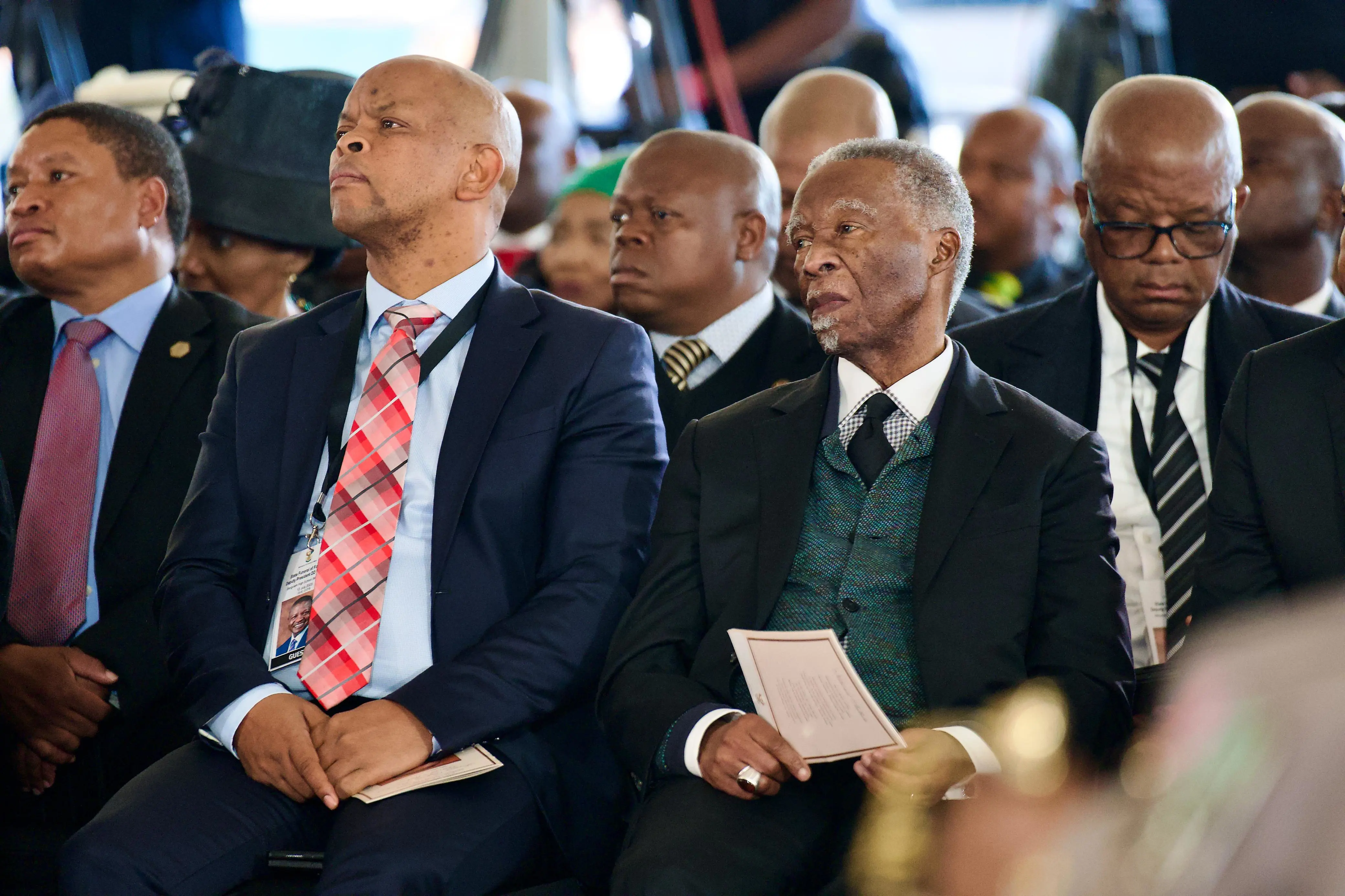 Former President Thabo Mbeki listens to tributes for former Deputy President David Mabuza at his funeral service at the Hoërskool Bergvlam in Mbombela, Mpumalanga on 12 July 2025. Picture: Katlego Jiyane/EWN Former President Thabo Mbeki listens to tributes for former Deputy President David Mabuza at his funeral service at the Hoërskool Bergvlam in Mbombela, Mpumalanga on 12 July 2025. Picture: Katlego Jiyane/EWN