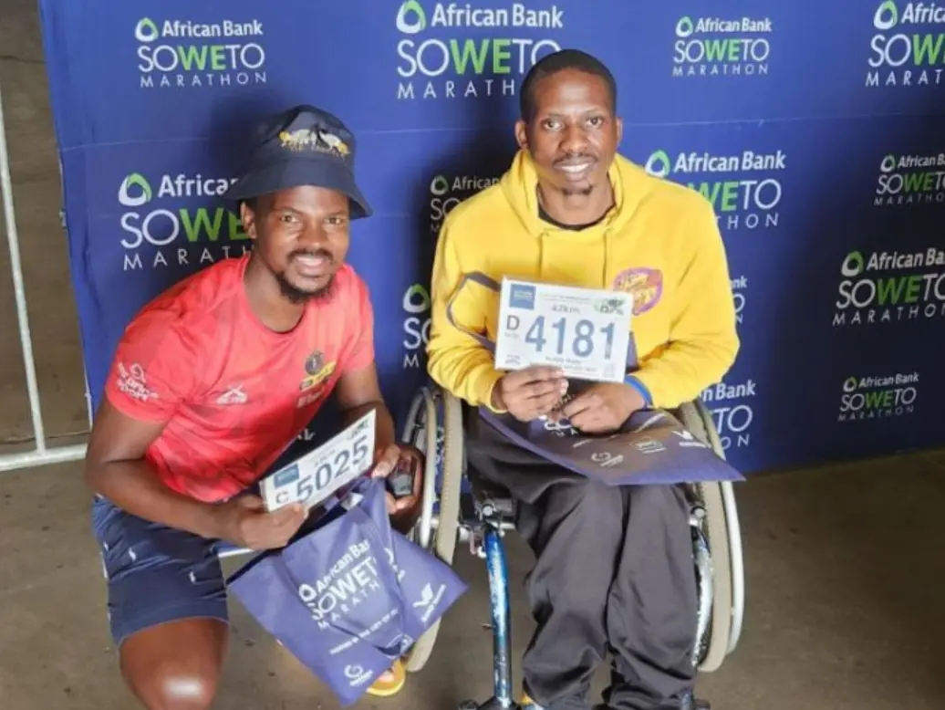 Coach Simo Sdu Mncwango and Vostile Ruba participated in the Soweto Marathon for GBT Mongoose Wheelchair Basketball Club. Picture: GBT Mongoose/Facebook. Coach Simo Sdu Mncwango and Vostile Ruba participated in the Soweto Marathon for GBT Mongoose Wheelchair Basketball Club. Picture: GBT Mongoose/Facebook.
