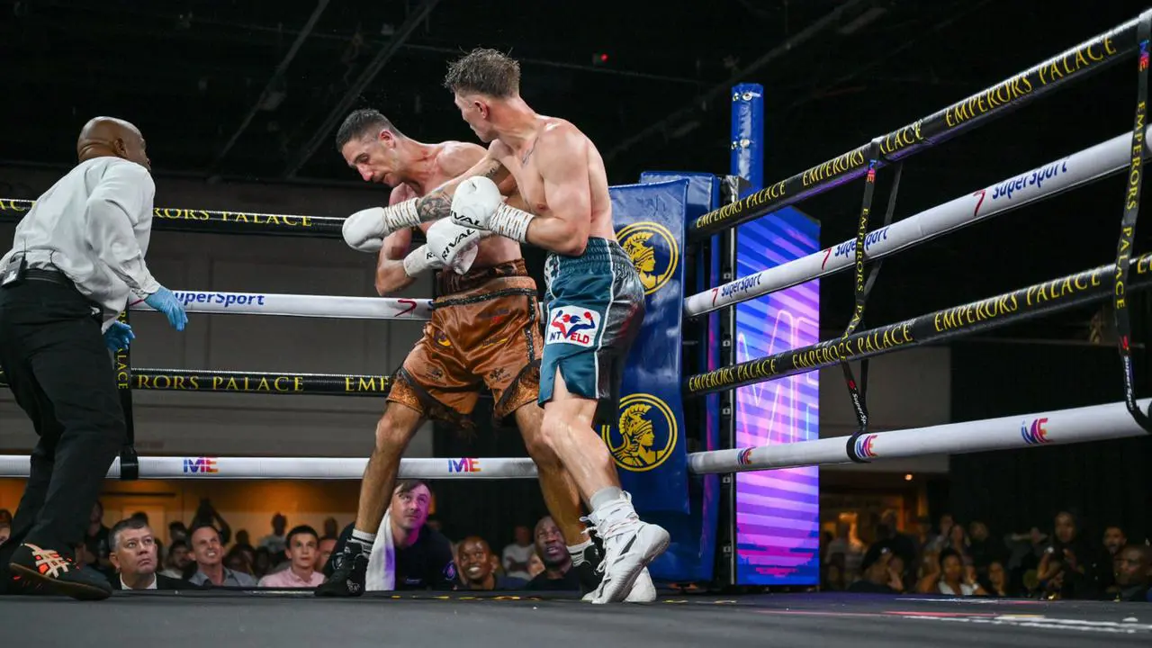 South African Light Heavyweight Champion Bryan 'BBK' Thysse (blue shorts) in a fight with his cousin, Gerhard Thysse. Picture: Supplied. South African Light Heavyweight Champion Bryan 'BBK' Thysse (blue shorts) in a fight with his cousin, Gerhard Thysse. Picture: Supplied.