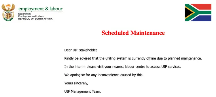 The current online screen of the UIF. The current online screen of the UIF.