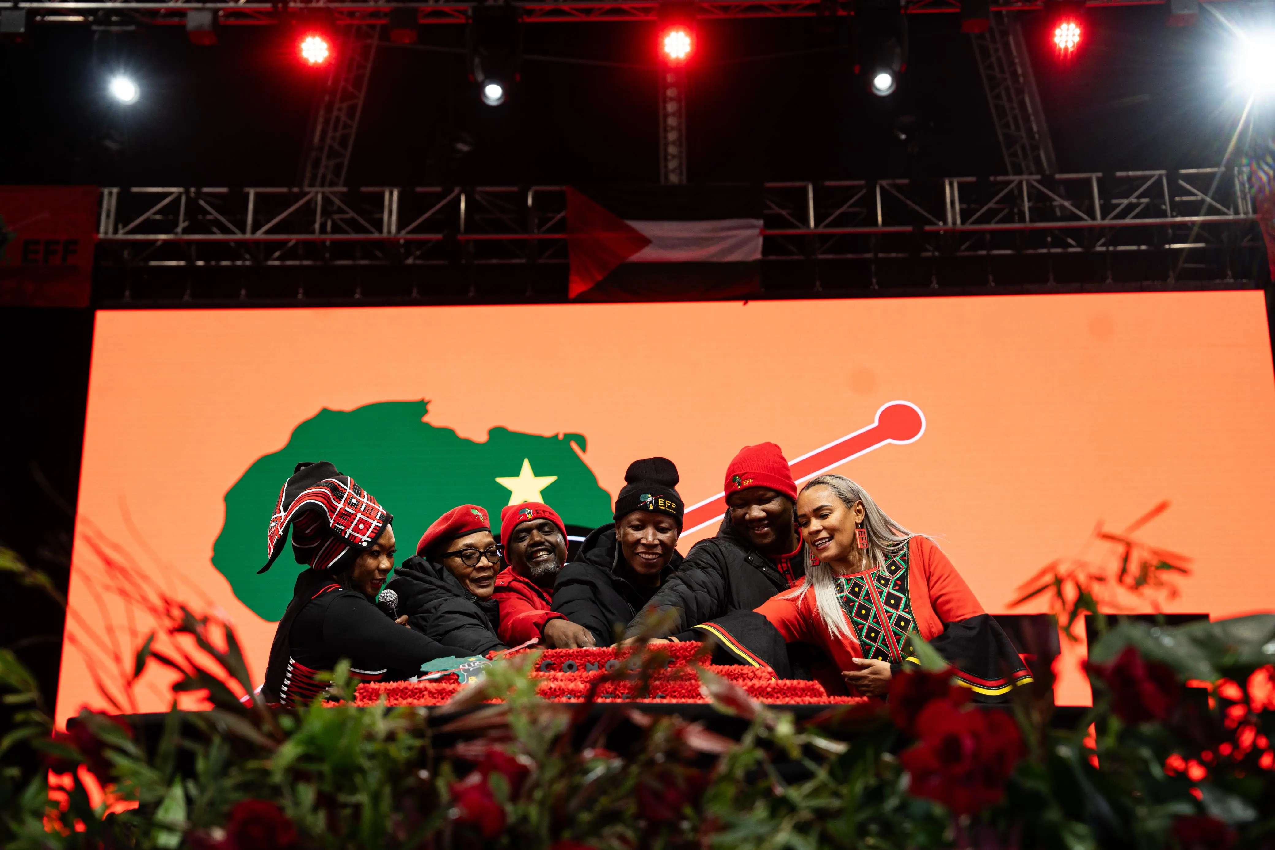 The EFF Leadership and party president Julius Malema cutting the birthday cake at the 12th Anniversary celebration of the party held at Khayelitsha Rugby Stadium, Western Cape, on Saturday, 26 July 2025. Picture: Kayleen Morgan/EWN. The EFF Leadership and party president Julius Malema cutting the birthday cake at the 12th Anniversary celebration of the party held at Khayelitsha Rugby Stadium, Western Cape, on Saturday, 26 July 2025. Picture: Kayleen Morgan/EWN.