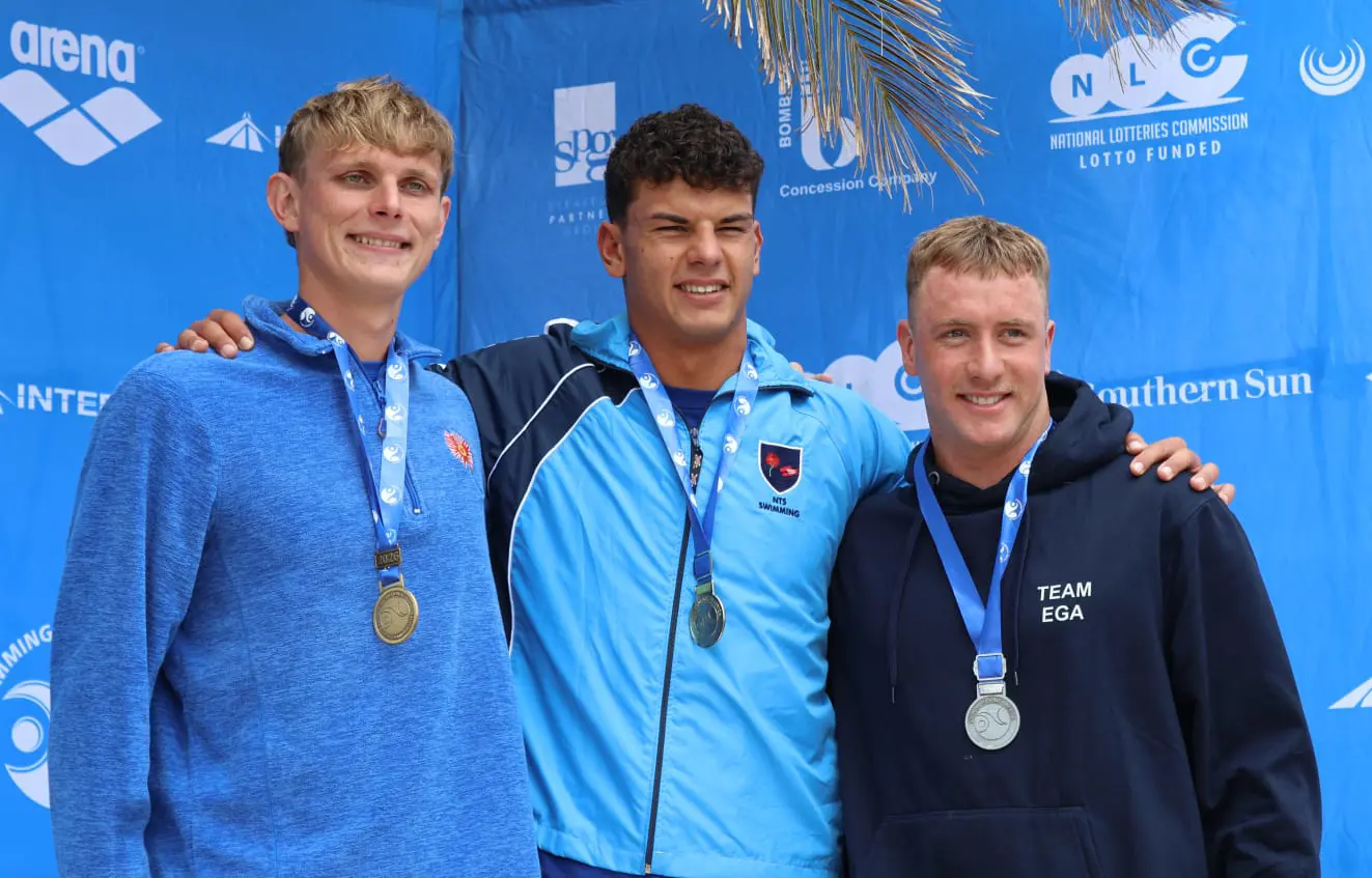 Men's 10km winners from left: Connor Albertyn (3rd), Henre Louw (1st) and Byron Kimber (2nd). Picture: Swimming SA Men's 10km winners from left: Connor Albertyn (3rd), Henre Louw (1st) and Byron Kimber (2nd). Picture: Swimming SA